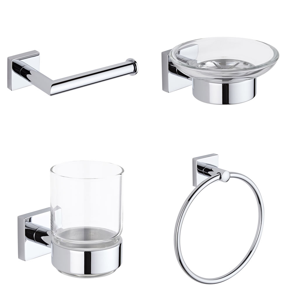 Ensemble de 4 Accessoires de Salle de Bains Liso - Laiton Massif - Finition Chromée