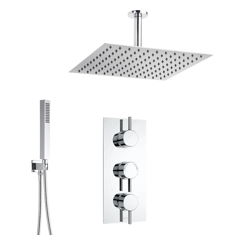 Kit Douche Thermostatique encastrable 2 Fonctions Pomme Cubique 40cm & Douchette Ronde