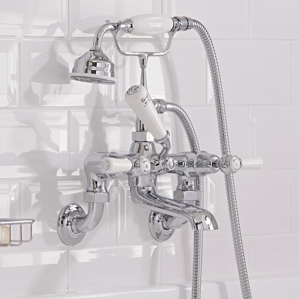 Robinet Bain Douche Mural Topaz Têtes Leviers Blancs
