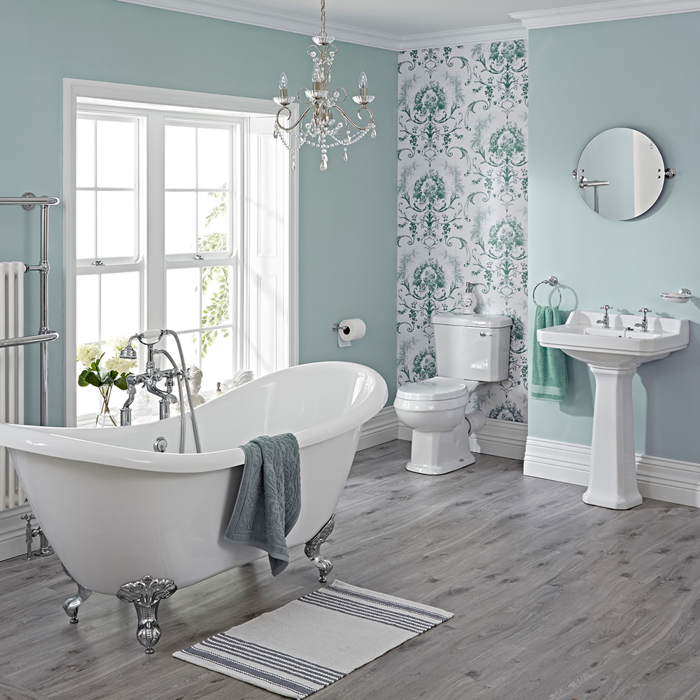 Ensemble Baignoire Ilot Pieds Chromés, Lavabo, WC & Robinetterie Carlton