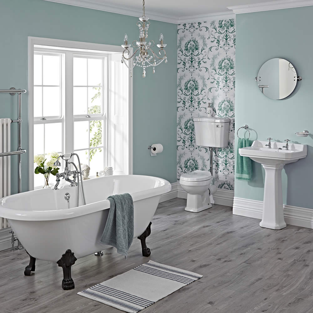 Ensemble Baignoire Ilot Pieds Noirs, Lavabo, WC à Réservoir Suspendu & Robinetterie Carlton
