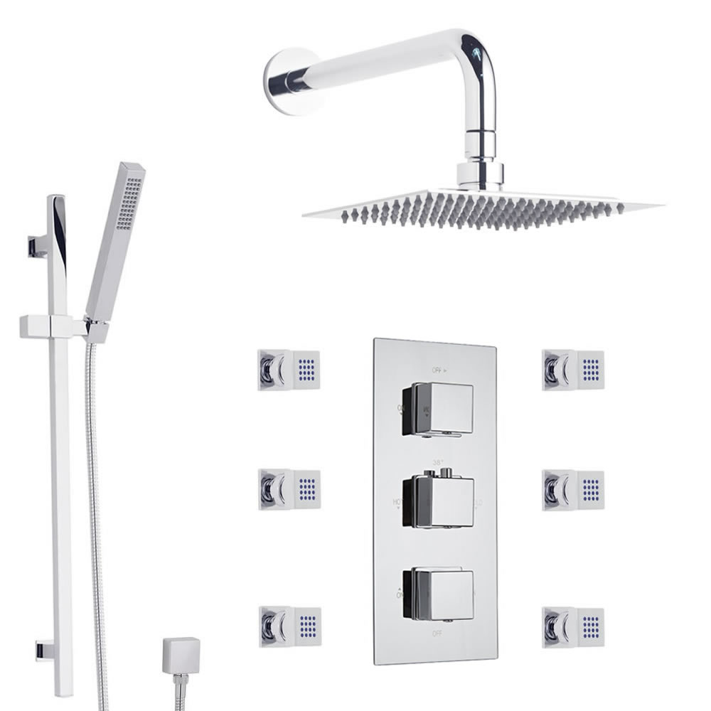 Douche Thermostatique encastrable Cubique - Pommeau mural 20cm - Douchette & 6 Buses hydromassantes
