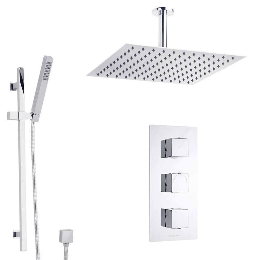 Douche Encastrable Thermostatique Pommeau 40cm & Douchette Design Cubique