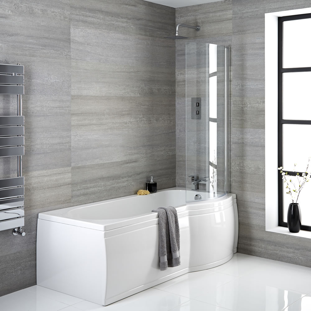 Baignoire d'angle asymétrique 167.5 x 85cm angle droit & Pare baignoire incurvé Portland