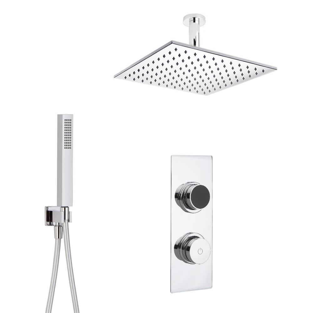 Douche Digitale Thermostatique 2 Fonctions - Pommeau Plafond 30x30cm & Douchette