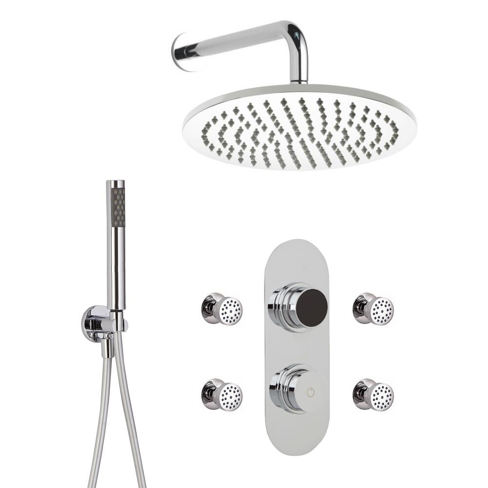 Douche Digitale Thermostatique 3 Fonctions - Pommeau Douche Plafond Ø 30cm sur Bras 32cm - Douchette & 4 Jets Hydromassants
