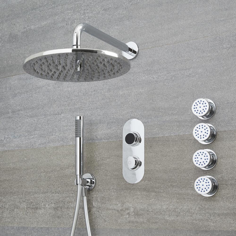 Douche Digitale Thermostatique 3 Fonctions - Pommeau Douche Plafond Ø 30cm sur Bras 32cm - Douchette & 4 Jets Hydromassants - Narus