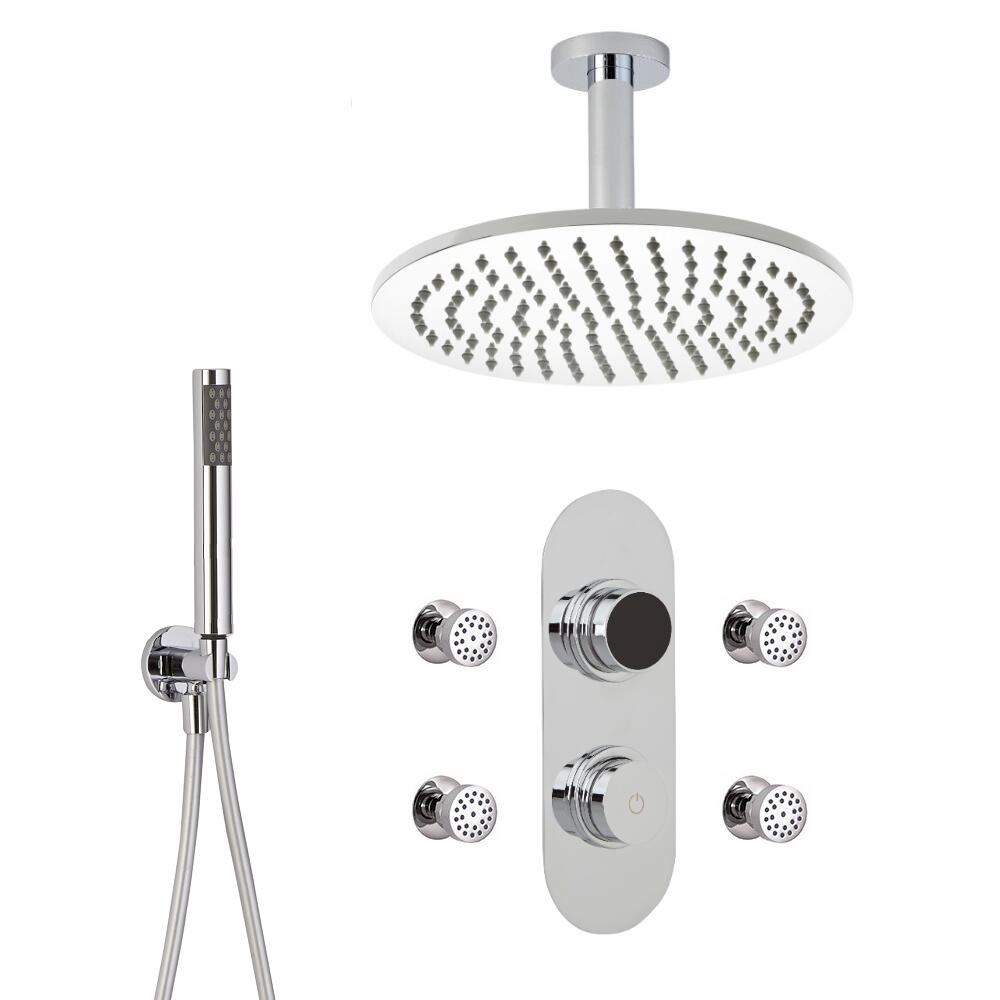 Douche Digitale Thermostatique 3 Fonctions - Pommeau Douche Plafond Ø 30cm sur Bras 15cm - Douchette & 4 Jets Hydromassants