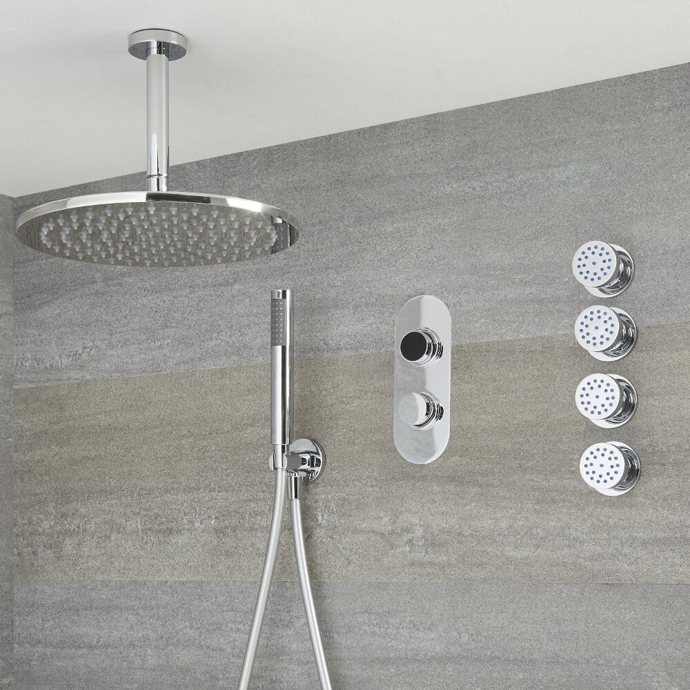 Douche Digitale Thermostatique 3 Fonctions - Pommeau Douche Plafond Ø 30cm sur Bras 15cm - Douchette & 4 Jets Hydromassants - Narus
