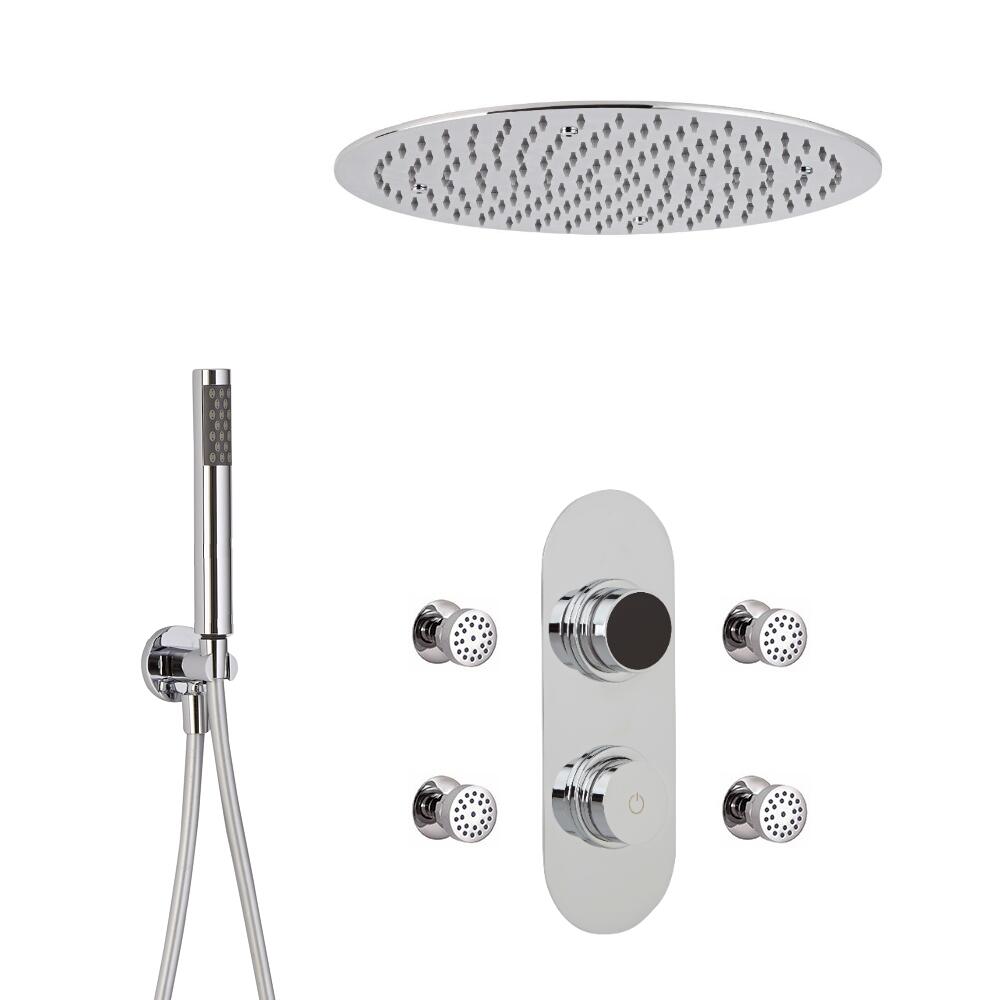 Douche Digitale Thermostatique 3 fonctions - Pommeau Plafonnier Ø 40cm - Douchette & 4 jets Hydromassants