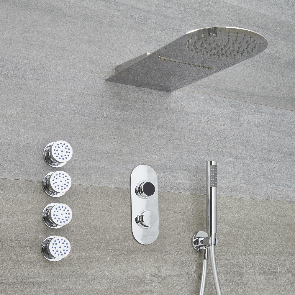 Douche Digitale Thermostatique 3 Fonctions - Pommeau Cascade Mural & Douchette - Narus