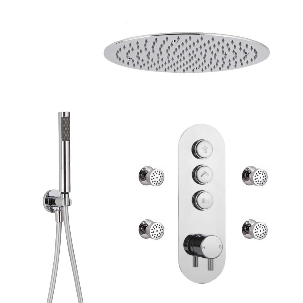 Douche encastrable 3 Fonctions - Douchette sur Clip - Pommeau Plafond Ø 40cm & 4 Jets Hydromassants - Idro