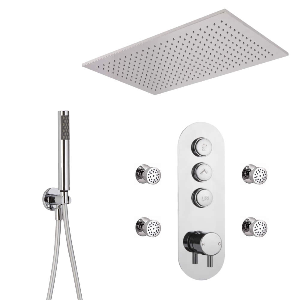 Douche encastrable 3 Fonctions - Douchette sur Clip - Pommeau 80x50cm & 4 Jets Hydromassants - Idro