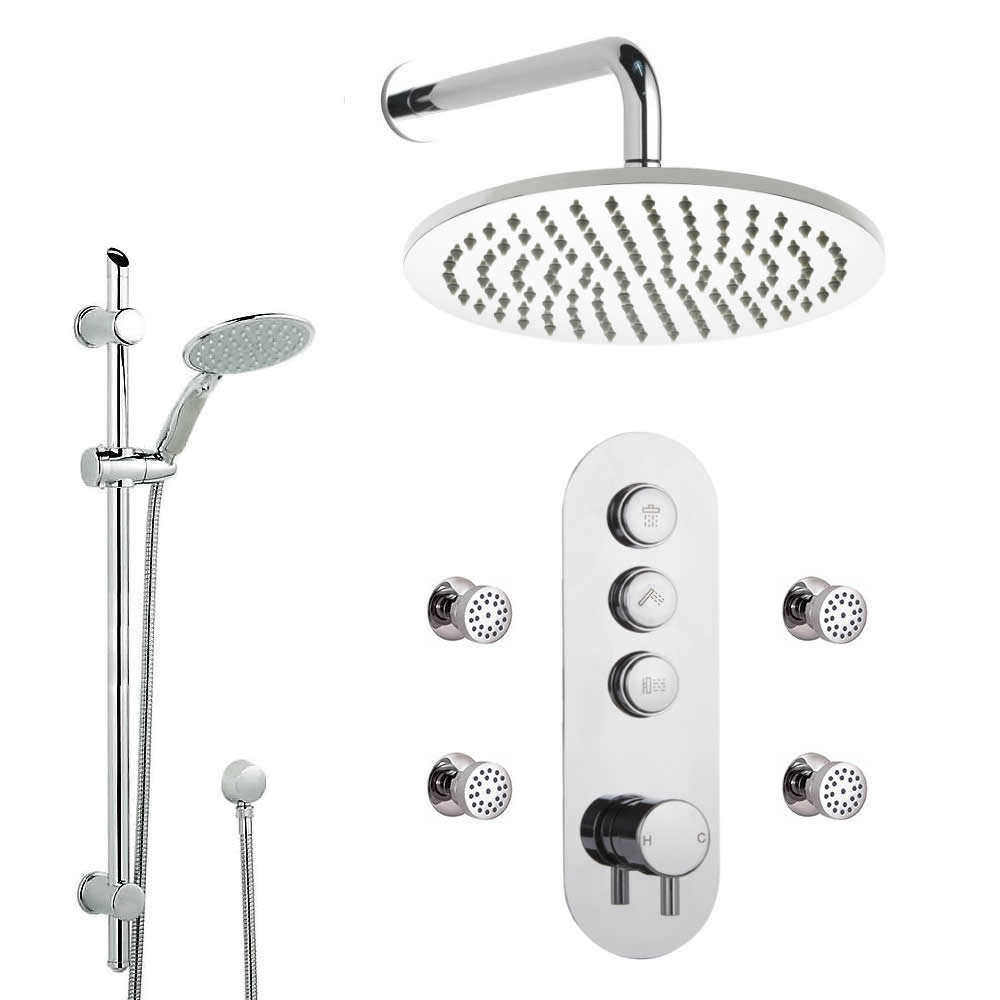 Douche encastrable 3 Fonctions - Douchette sur Rampe - Pommeau Ø 30cm Mural & 4 Jets Hydromassants - Idro