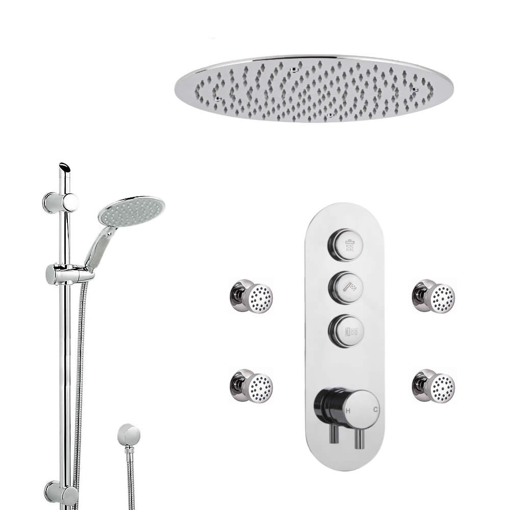 Douche encastrable 3 Fonctions - Douchette sur Rampe - Pommeau Plafonnier Ø 40cm & 4 Jets Hydromassants - Idro