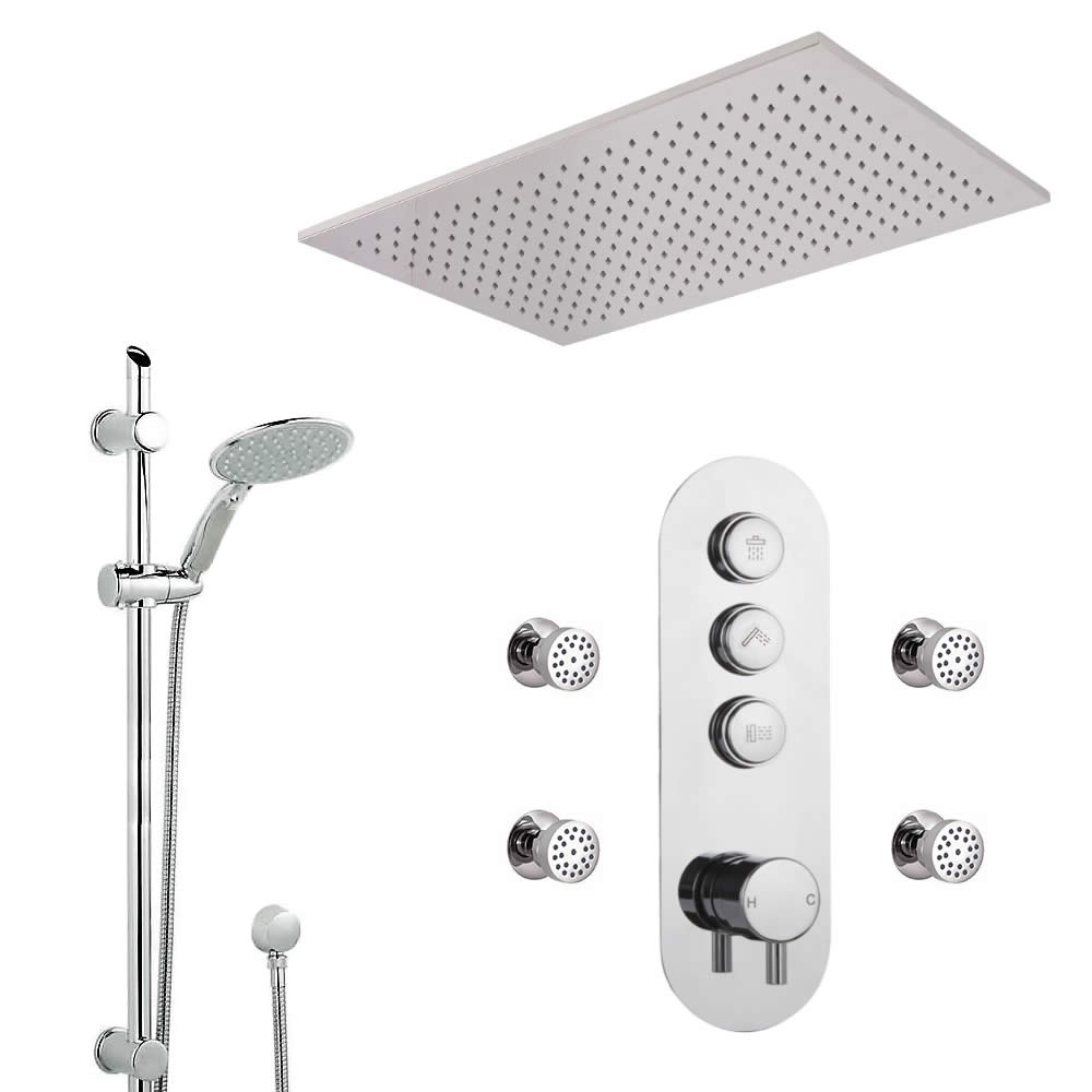 Douche encastrable 3 Fonctions - Douchette sur Rampe - Pommeau Plafonnier 80cm & 4 Jets Hydromassants - Idro