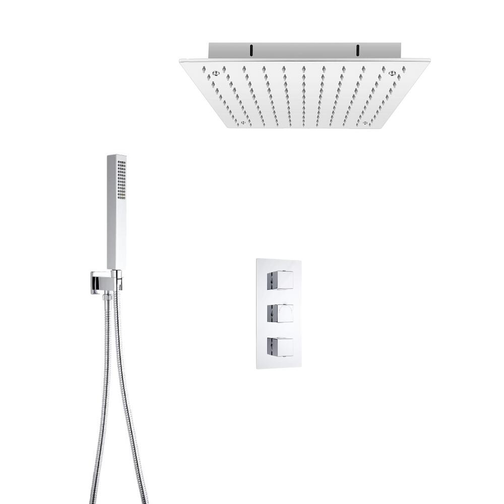 Kit de Douche Thermostatique Encastrable Cubique Pommeau Plafonnier 40cm & Douchette Fonctions distinctes ou simultanées