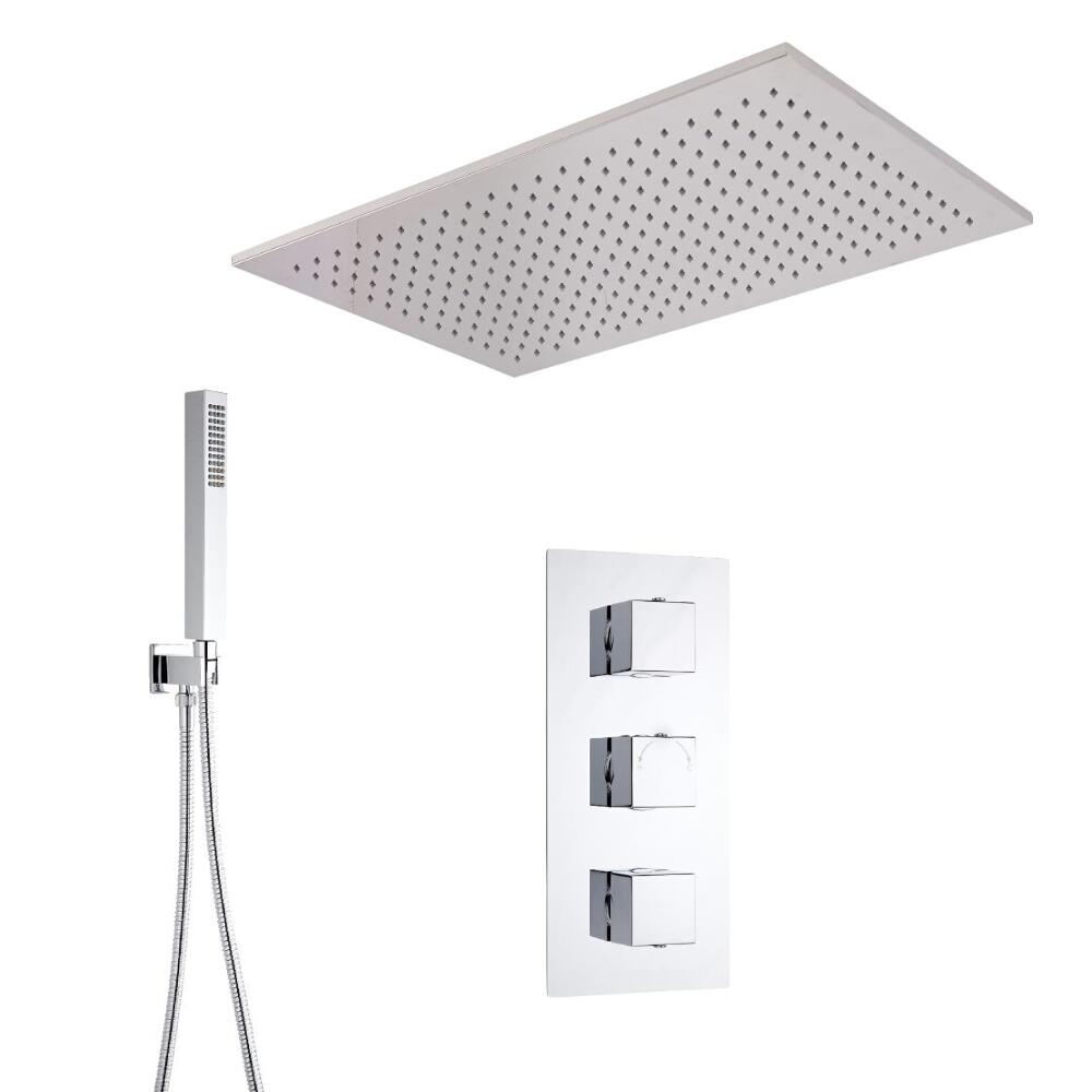 Kit de Douche Thermostatique Encastrable Cubique Pommeau Plafond Suspendu 80x50cm & Douchette Fonctions distinctes ou simultanées