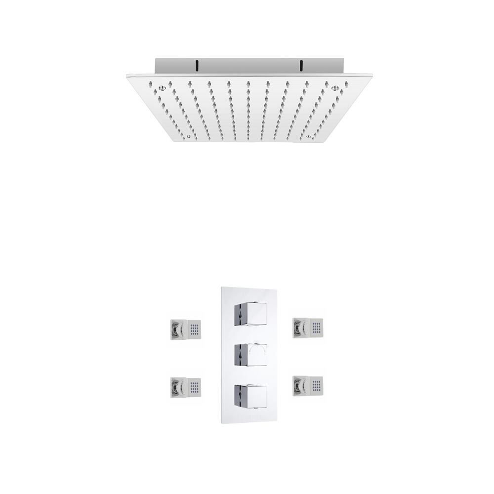Kit de Douche Thermostatique Encastrable Cubique Pommeau Plafond 40cm & Buses hydromassantes Fonctions distinctes ou simultanées