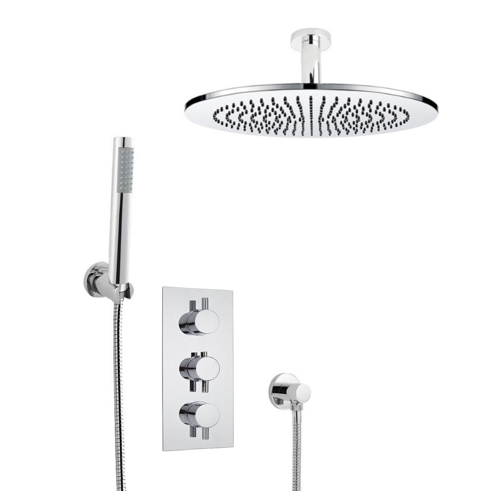 Kit de Douche Thermostatique Encastrable à Pommeau Plafond Ø 30cm & Douchette Design Rond Fonctions distinctes ou simultanées