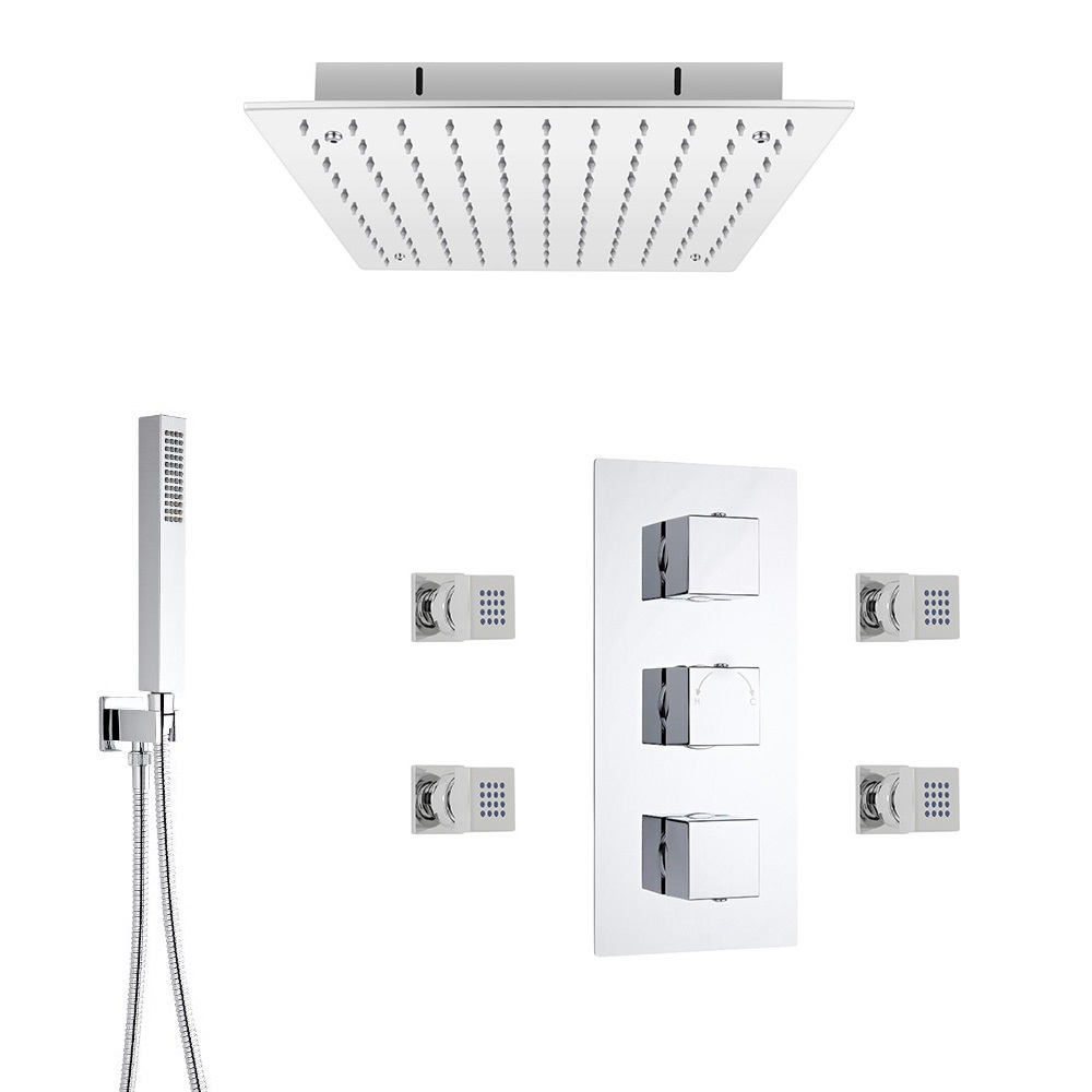 Kit de Douche Thermostatique Encastrable Pommeau Plafonnier 40cm Douchette & 4 Buses
