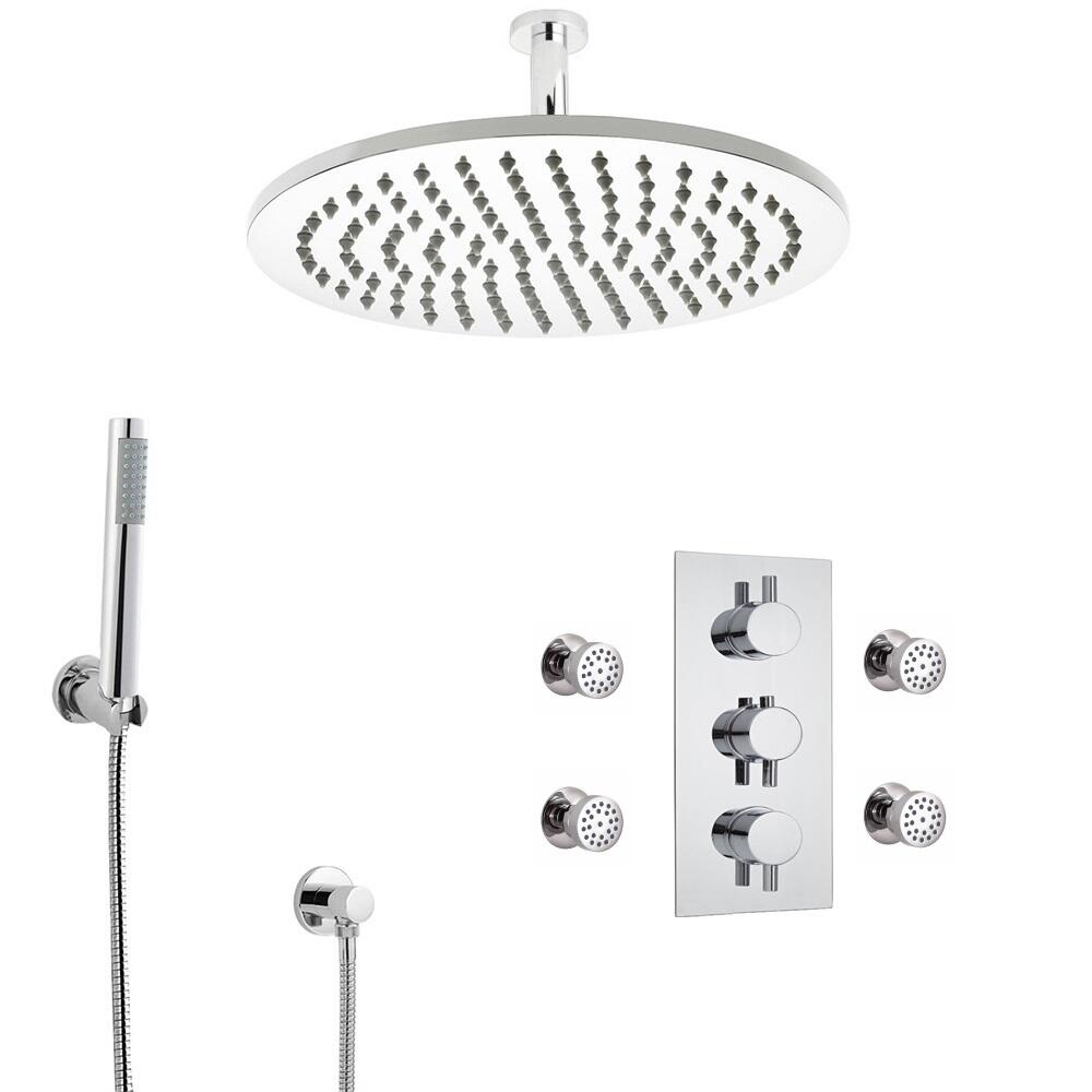Kit de Douche Thermostatique Encastrable à Pommeau Plafond Ø 30cm Douchette & 4 Buses