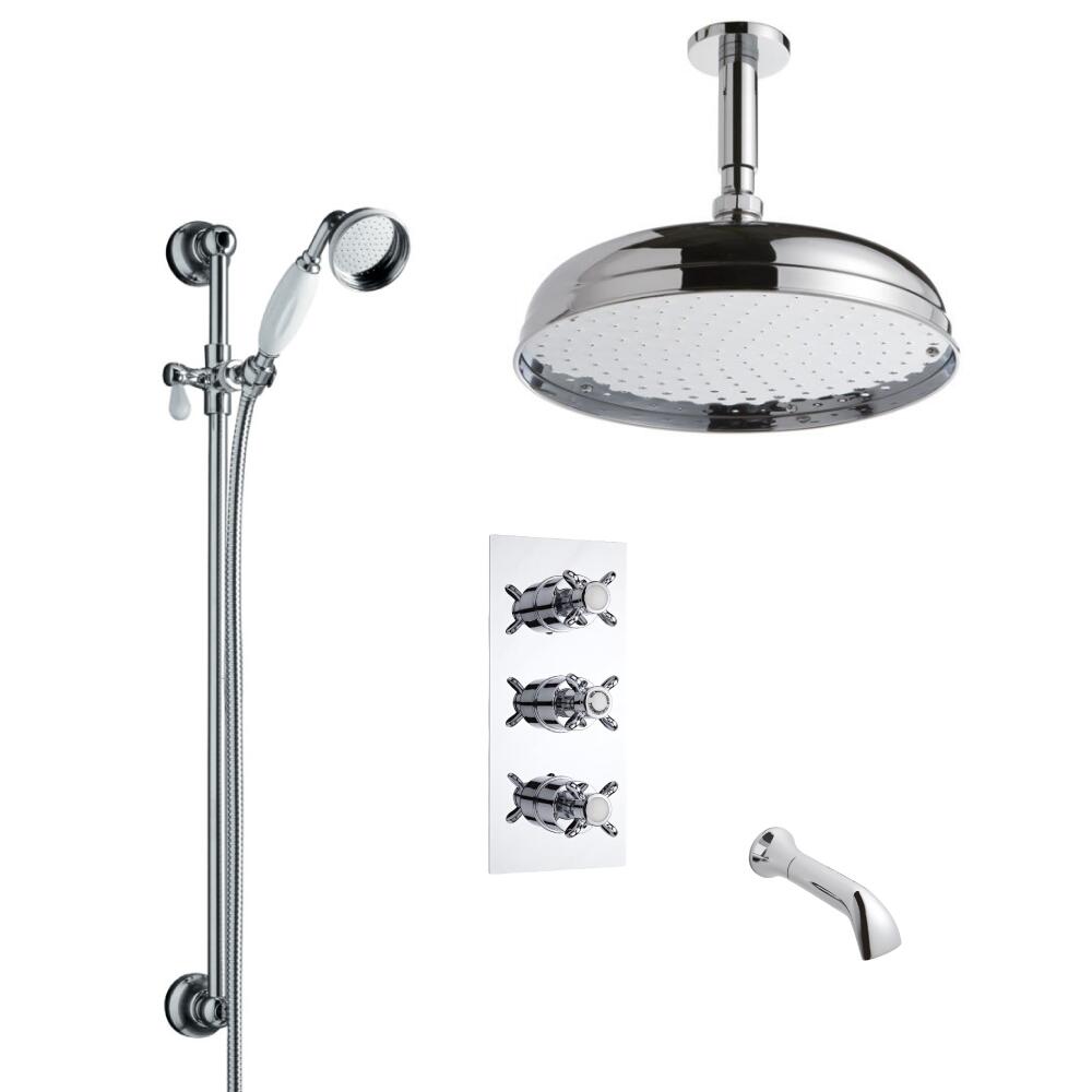 Kit de Douche Thermostatique Encastrable Rétro à Pommeau Plafond Rond 30cm Douchette & Bec verseur