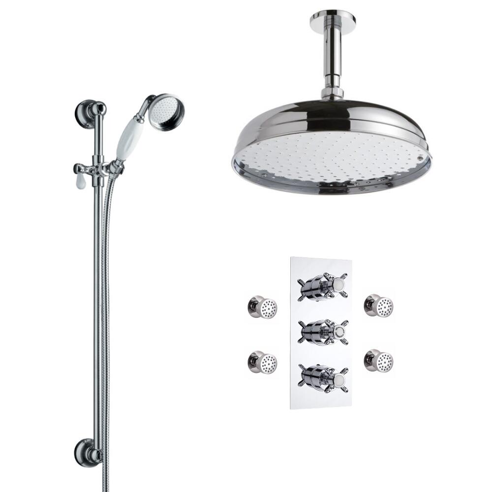 Kit de Douche Thermostatique Encastrable Rétro à Pommeau Plafond Rond 30cm Douchette & Buses hydromassantes