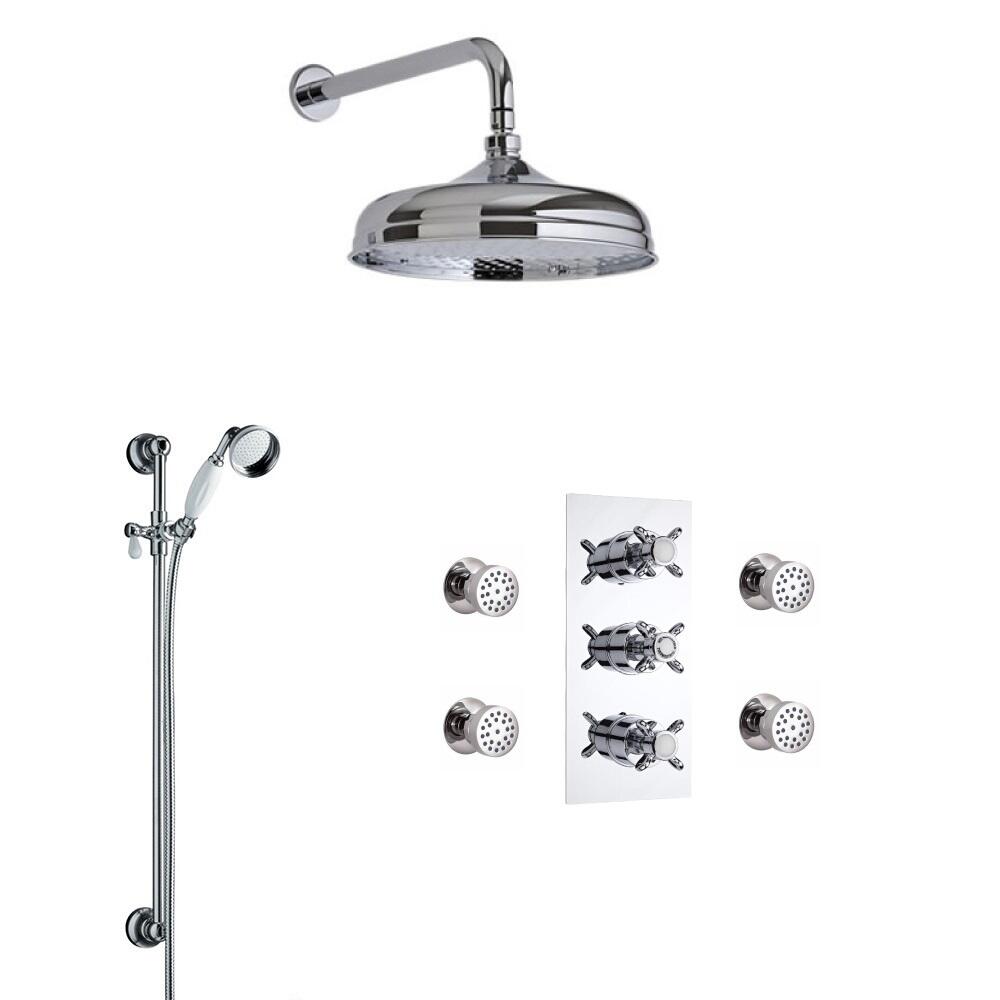 Kit de Douche Thermostatique Encastrable Rétro à Pommeau rond 20cm & 4 Buses Hydromassantes
