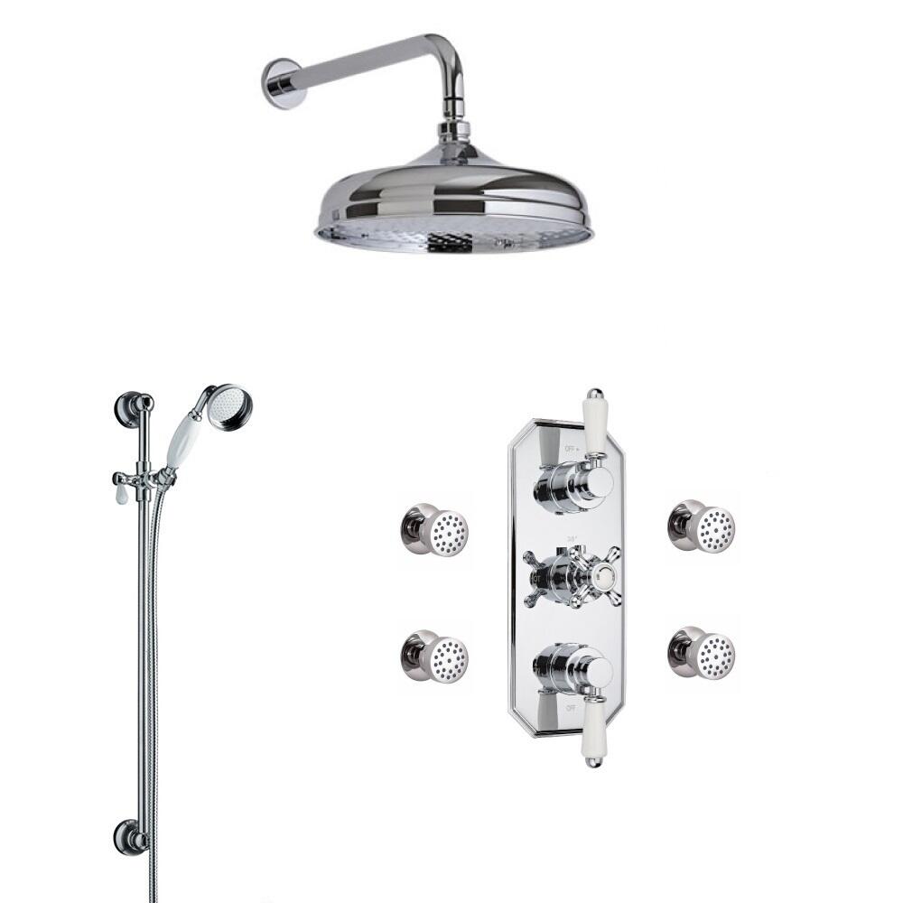 Kit de Douche Thermostatique Encastrable à Pommeau rond 20cm & 4 Buses Hydromassantes Design Rétro