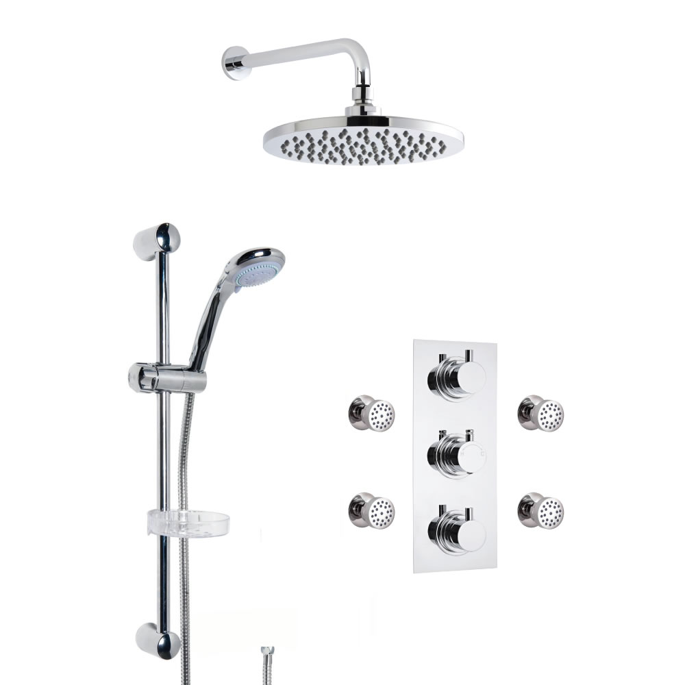 Douche Encastrable Pommeau Mural Rond 20cm Douchette Porte-savon & 4 Buses hydromassantes