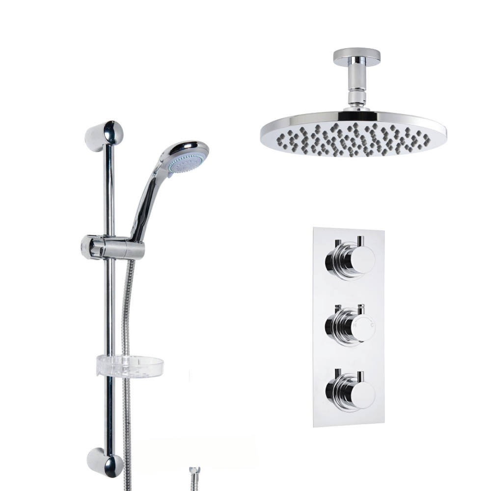 Douche Encastrable 3 Robinets Pommeau Plafond Rond 20cm & Douchette Porte-savon