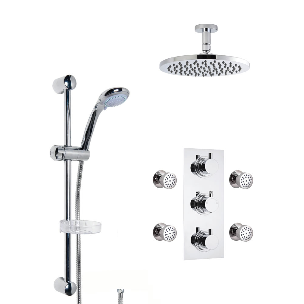 Douche Encastrable Pommeau Plafond Rond 20cm Douchette Porte-savon & 4 Buses hydromassantes