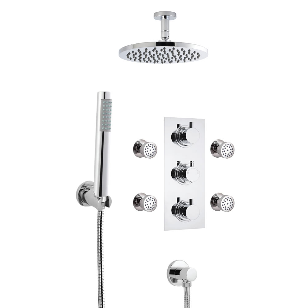 Douche Encastrable 3 Robinets Pommeau Plafond Rond 20cm Douchette Minimaliste & 4 Jets Hydromassants