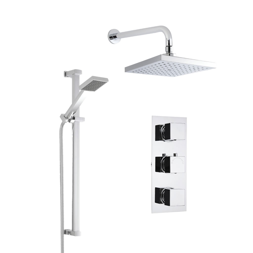 Douche Encastrable 3 Robinets Pommeau Mural Carré 20cm & Douchette sur rampe