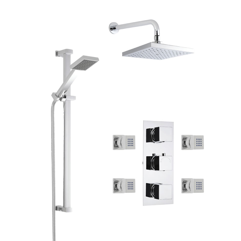 Douche Encastrable Pommeau Mural Carré 20cm Douchette & 4 Buses hydromassantes