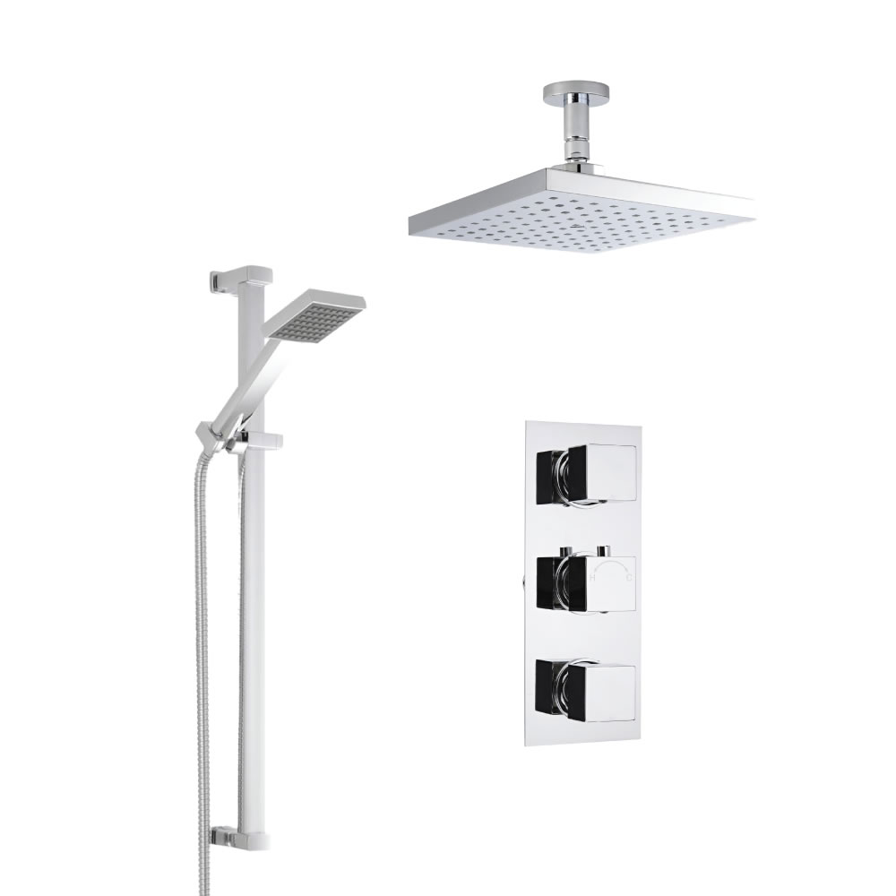 Douche Encastrable 3 Robinets Pommeau Plafond Carré 20cm & Douchette sur rampe