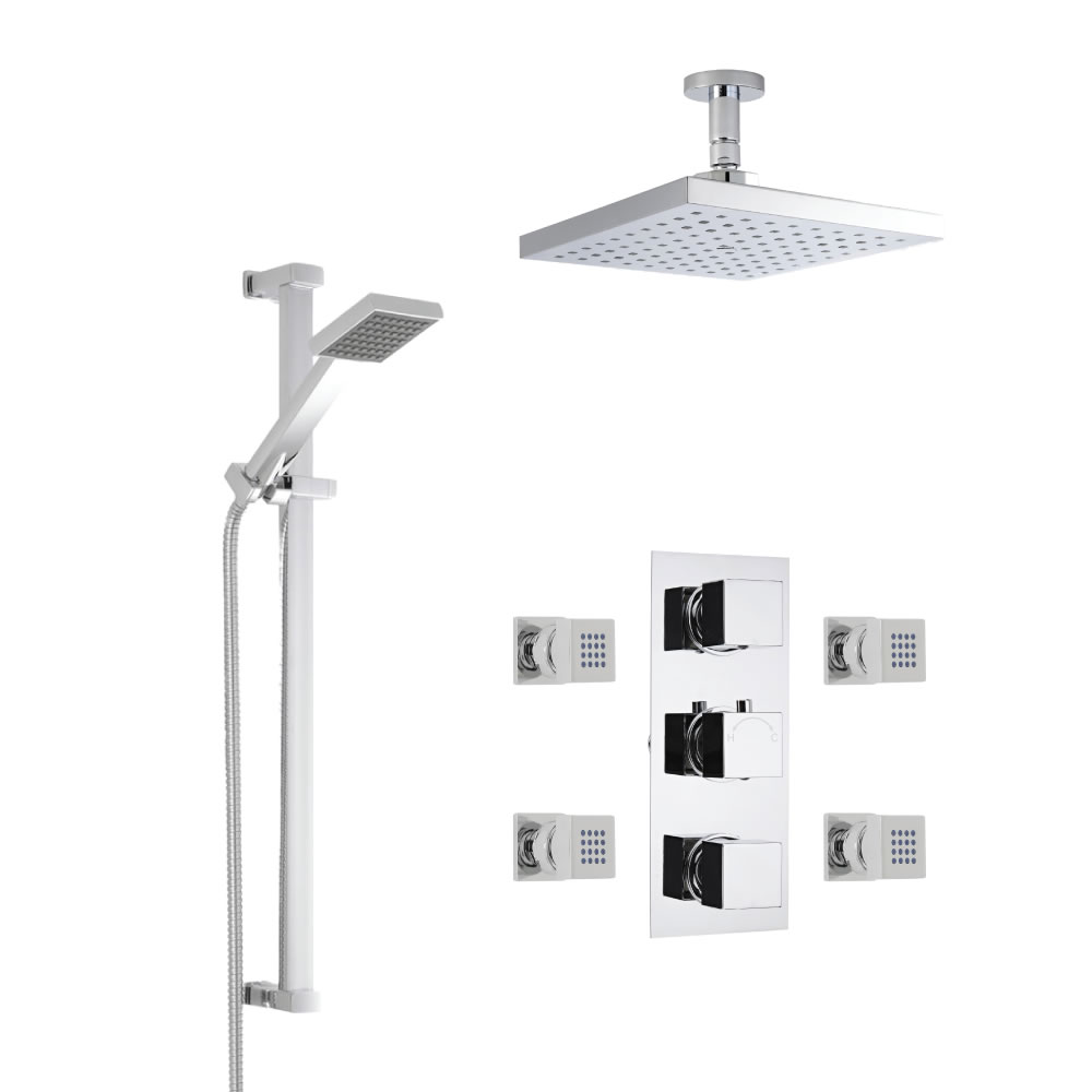 Douche Encastrable Pommeau Plafond Carré 20cm Douchette & 4 Buses hydromassantes
