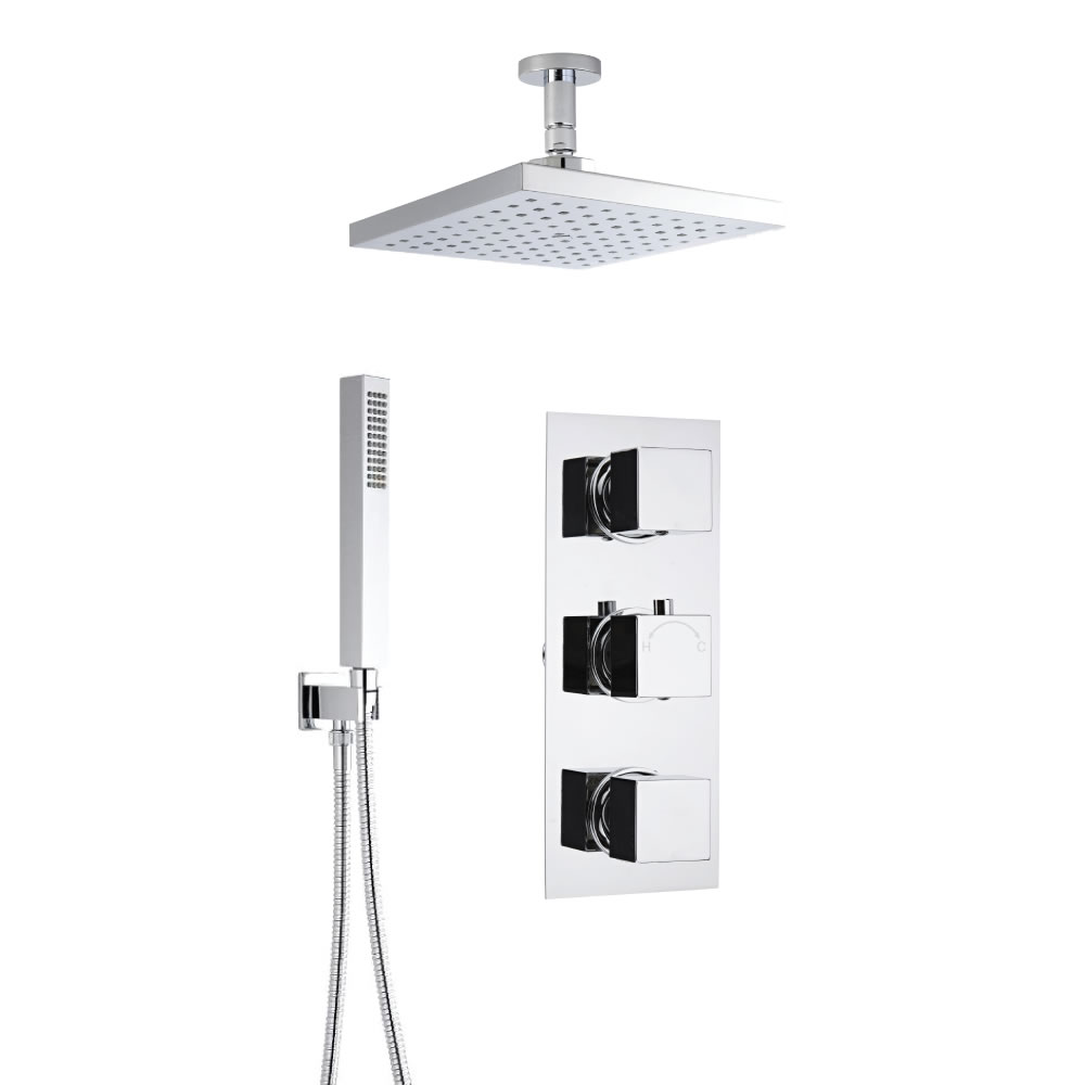 Douche Encastrable 3 Robinets Pommeau Plafond Carré 20cm & Douchette Minimaliste