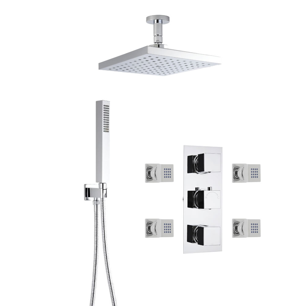 Douche Encastrable 3 Robinets Pommeau Plafond Carré 20cm Douchette Minimaliste & 4 Jets Hydromassants