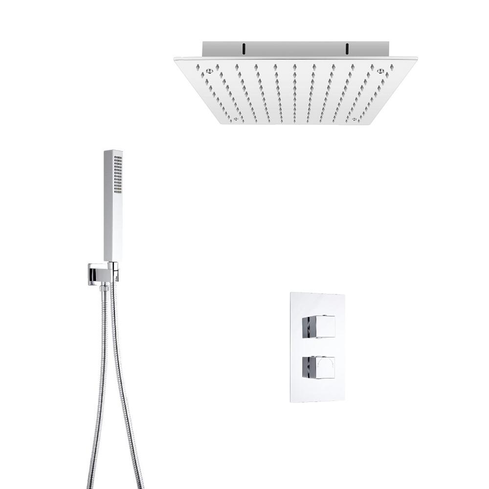 Kit de Douche Thermostatique Encastrable Cubisme Minimaliste Pommeau Plafond 40cm & Douchette