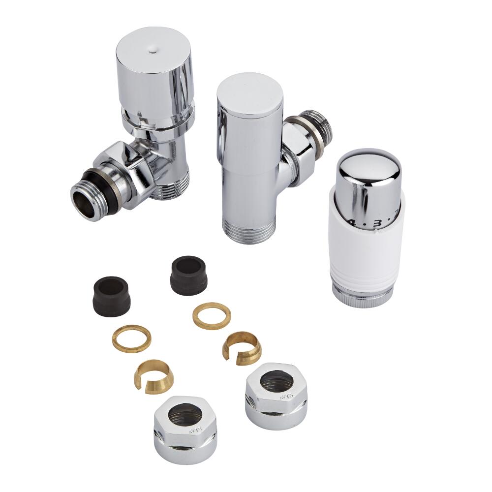 Robinet Radiateur Thermostatique Blanc & Chrome 3/4'' Mâle & Adaptateurs cuivre 15mm