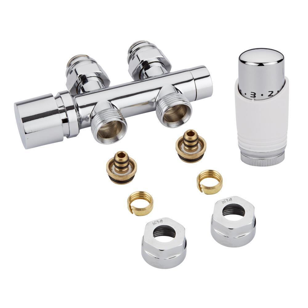 Robinet Radiateur Équerre droit Thermostatique 3/4'' Mâle Blanc & Chrome & Adaptateurs multicouche 14mm