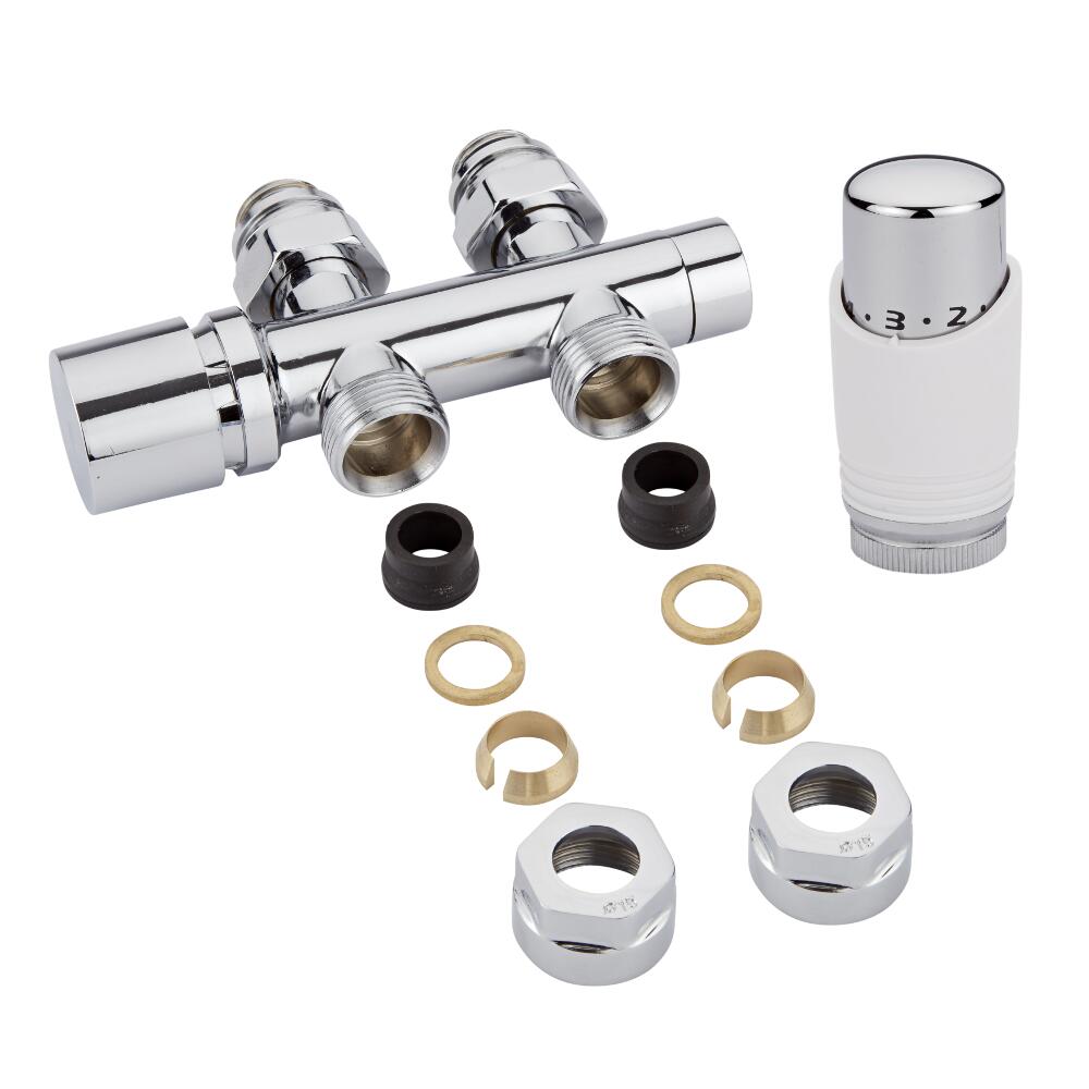 Robinet Radiateur Équerre droit Thermostatique 3/4'' Mâle Blanc & Chrome & Adaptateurs cuivre 15mm