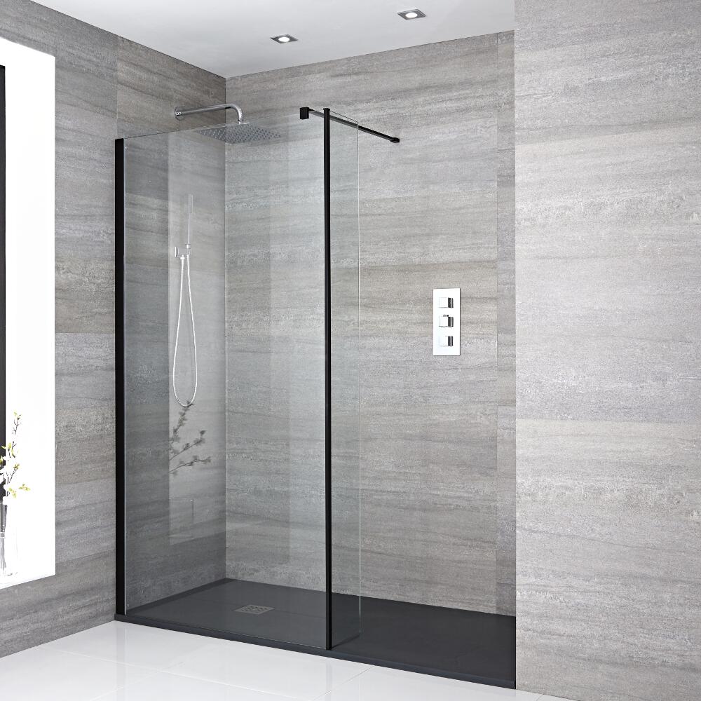 Paroi de douche 80x195cm Profilé noir Retour & Receveur 140x90cm Anthracite Nox