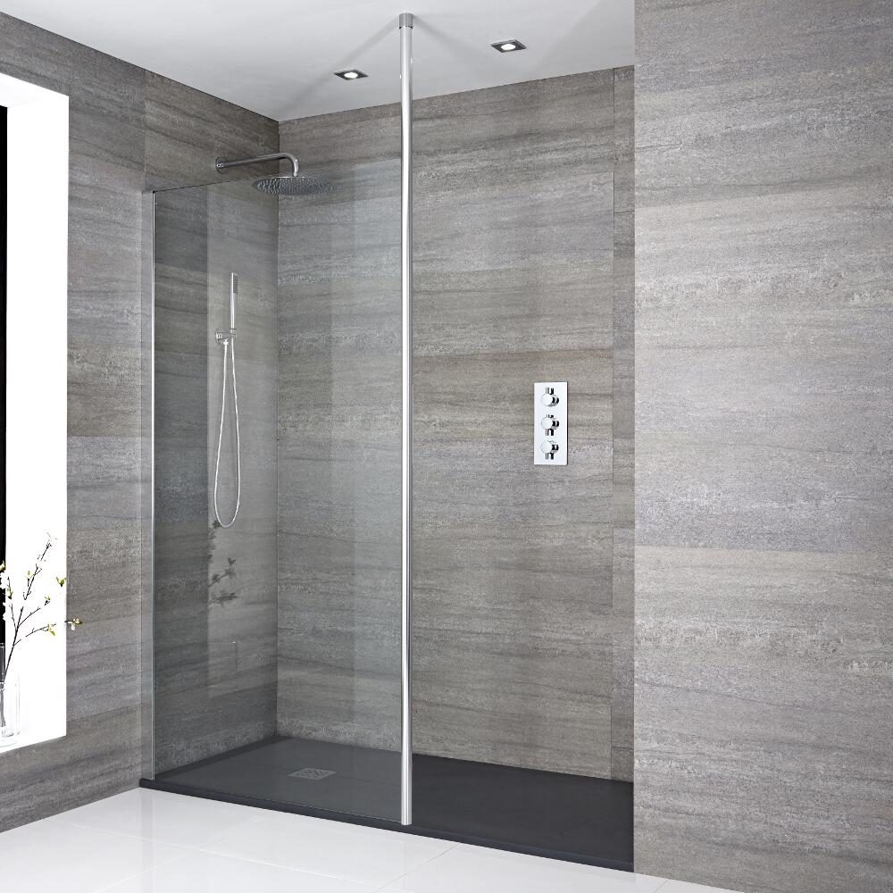 Paroi de douche 80x195cm avec bras stabilisateur recoupable & Receveur Anthracite 140x80cm Sera