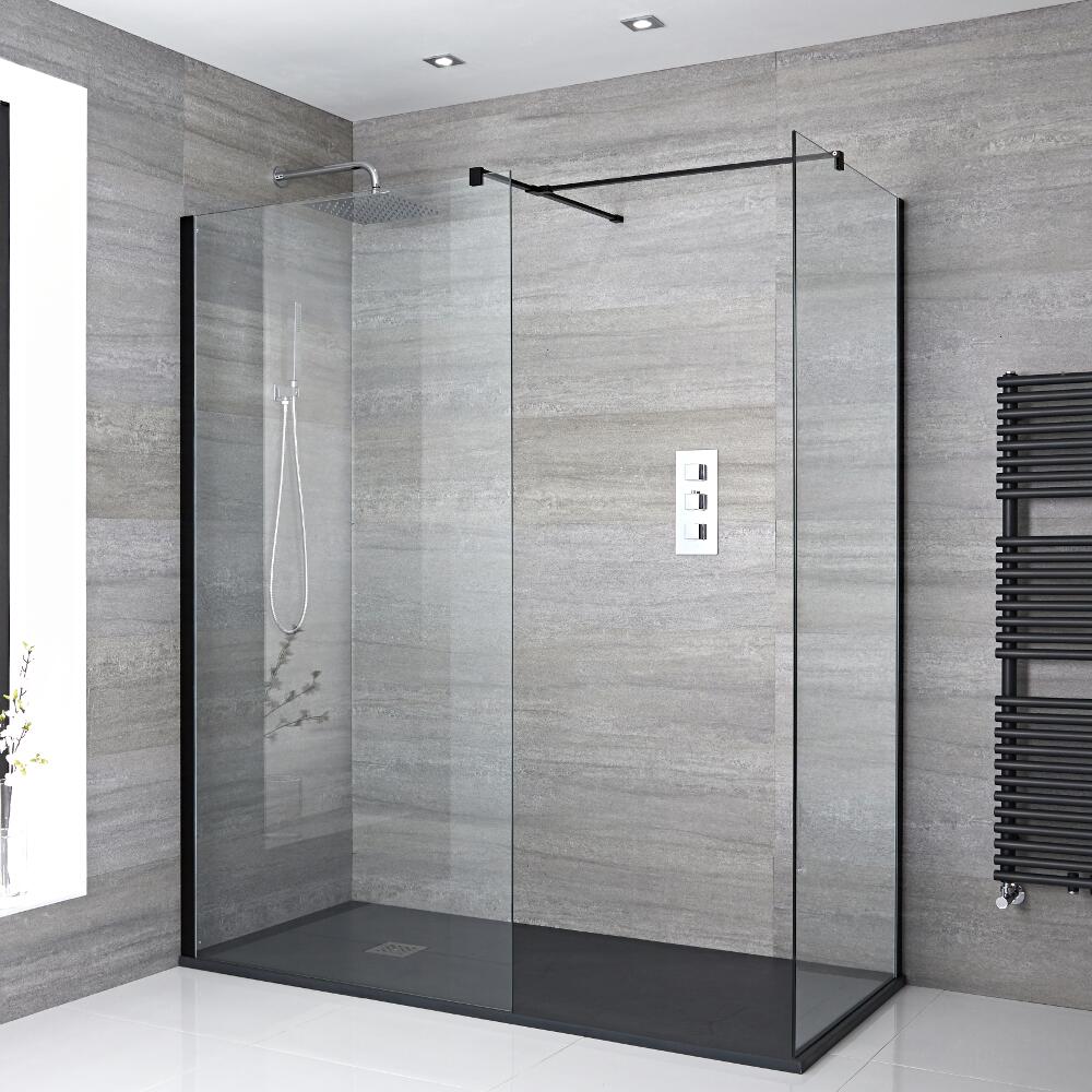 Paroi de Douche 90 & 100cm profilés noirs - Lot de 2 avec bras stabilisateurs - Pièce T & Receveur Anthracite 170 x 90cm Nox