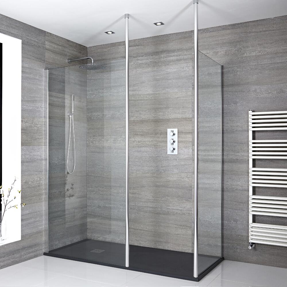 Paroi de Douche 80 & 90cm - Bras stabilisateurs - Lot de 2 & Receveur Anthracite 140 x 90cm Portland