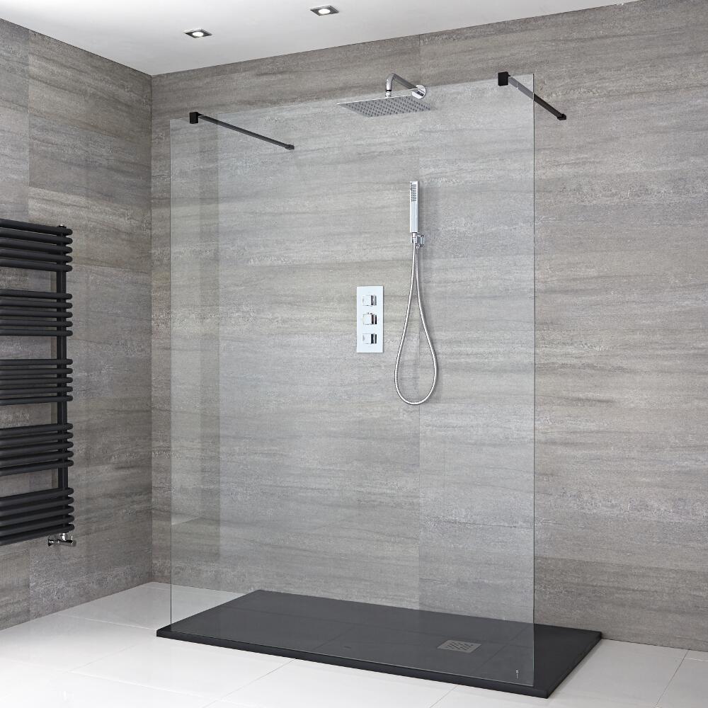 Paroi de Douche 140cm avec 2 Bras Stabilisateurs Noirs & Receveur Anthracite 140 x 80cm Nox