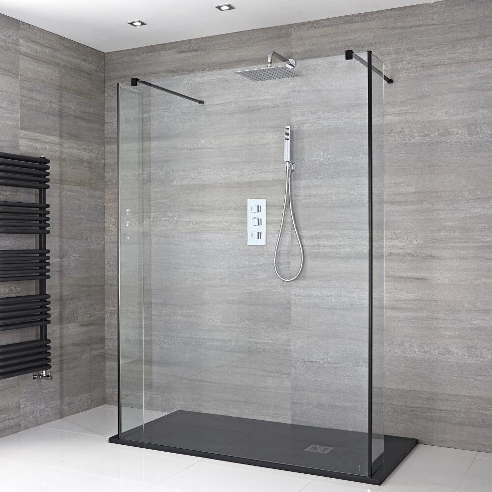 Paroi de Douche 140cm & 2 Retours 25cm à Profilés Noirs - Bras Stabilisateurs & Receveur Anthracite 140 x 90cm Nox